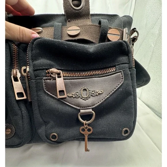 Banned Alternative DOOM LAGOON HANDBAG Steampunk Key Canvas Black Copper NWT - Picture 5 of 16